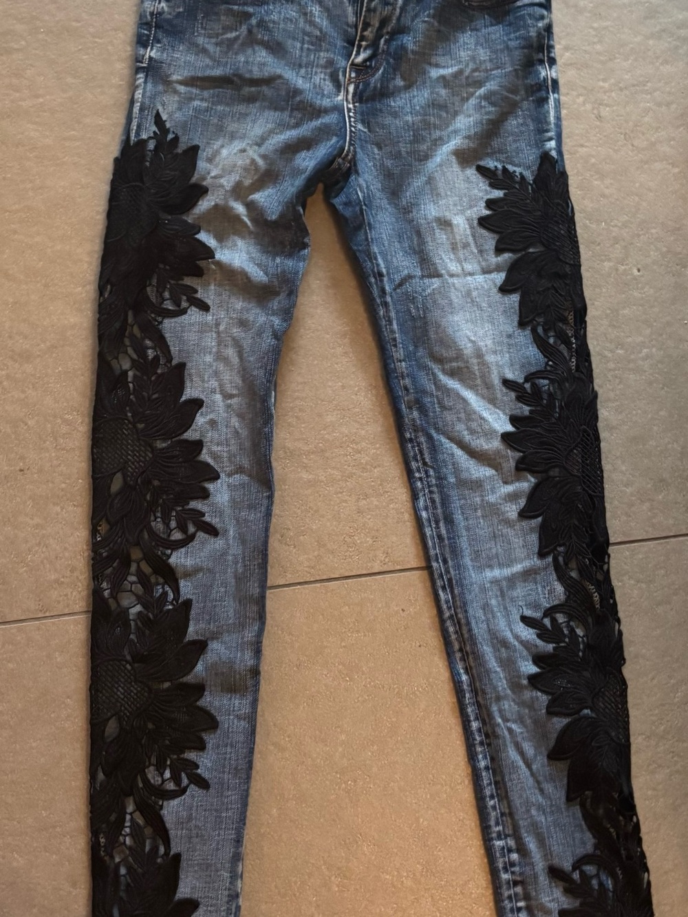 Women’s Blue Denim Jeans with Black Floral Lace Appliqué
